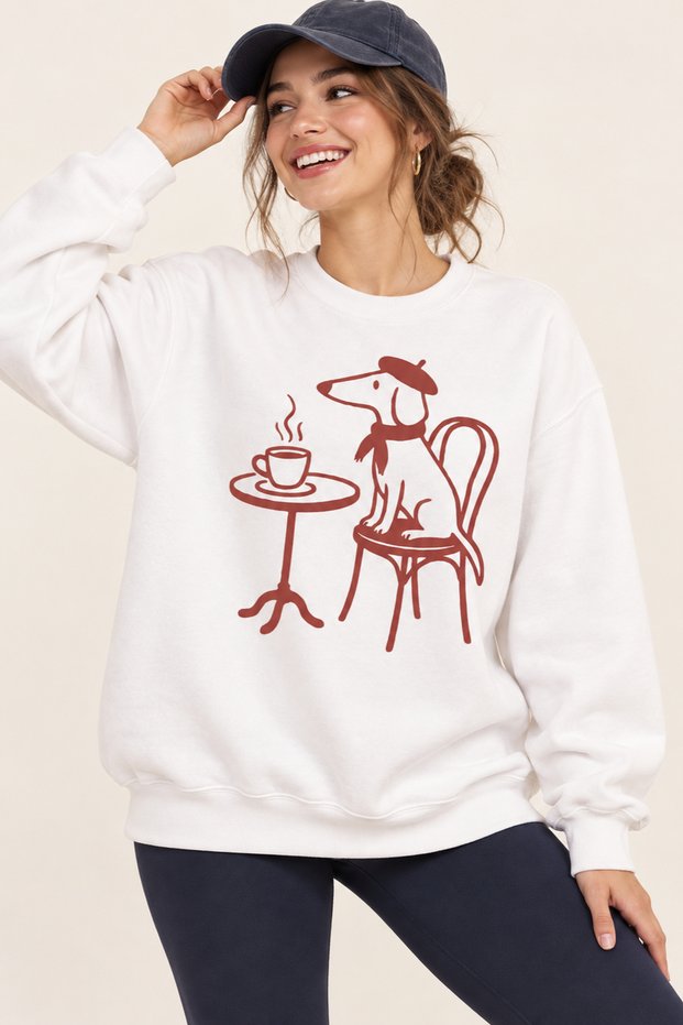 Coffee and Beret Cute Dog Printed Unisex Oversize Sweatshirt – Crew Neck Casual Sweatshirt
