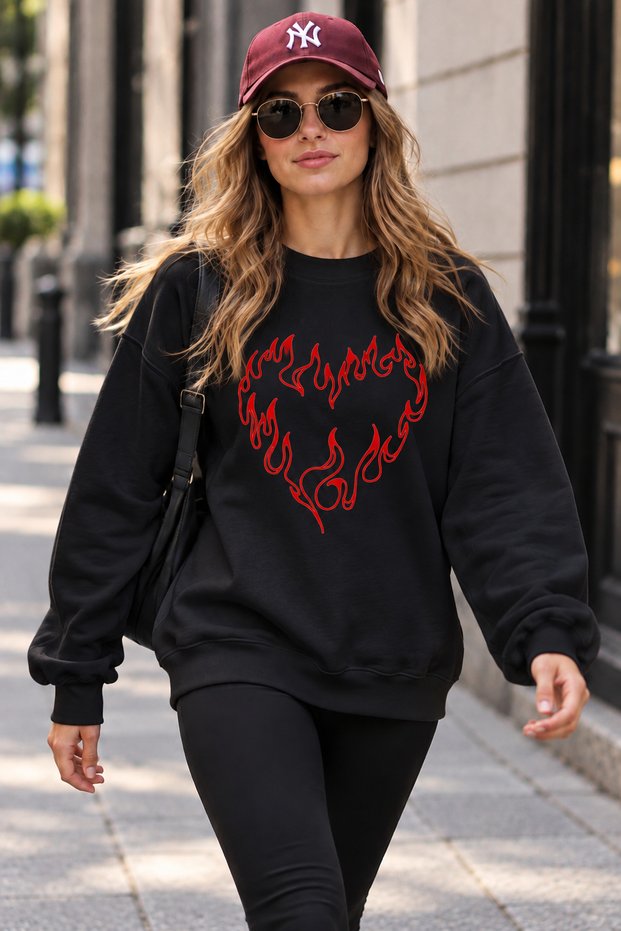 Flame Heart Printed Unisex Oversize Sweatshirt – Crew Neck Casual Sweatshirt