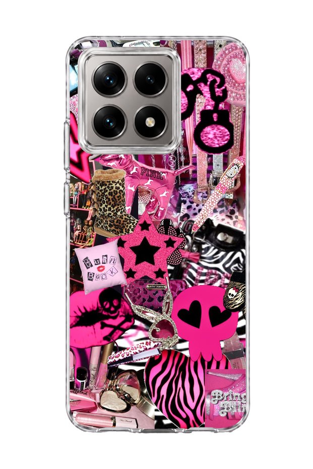 Mi 14t Compatible Pink Star Zebra Printed Transparent Phone Case