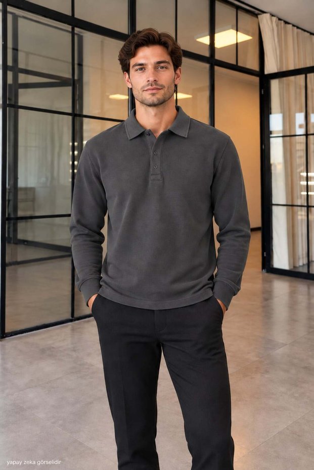 Men's Polo Collar Pique Long Sleeve Sweatshirt 4014