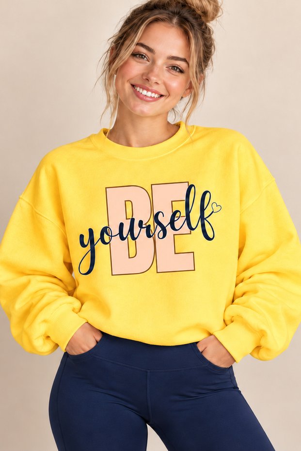 Be Yourself Written Heart Detail Unisex Oversize Sweatshirt – Crew Neck Casual Sweatshirt