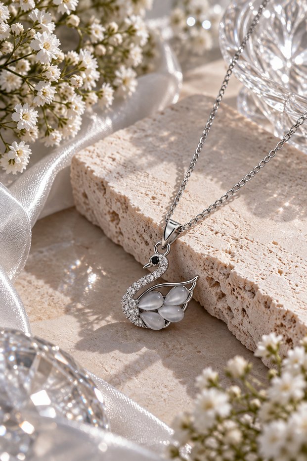 White Wing Detailed Stone Swan Minimal Steel Necklace (Silver Color)
