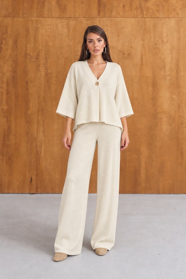 Women's Sovia Thessaloniki Fabric Buttoned Comfortable Fit Wide-Leg Pants Top and Bottom Set