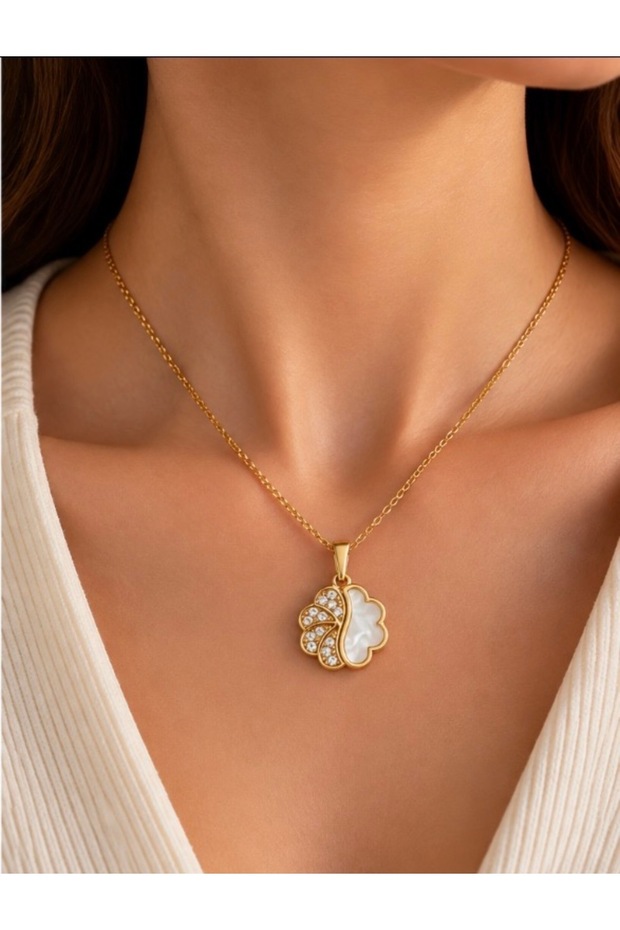 Gold Color Three Figured and Stone Detailed Elegant Women's Necklace