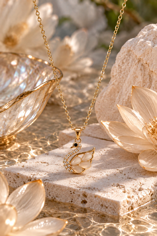 White Wing Detailed Stone Swan Minimal Steel Necklace (Gold Color)
