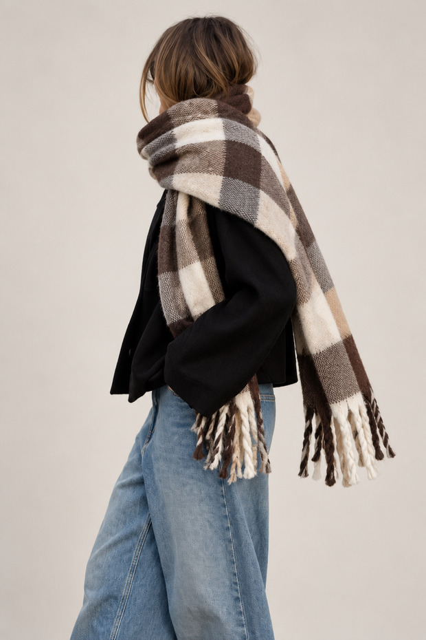 Women's Brown Beige Ecru Plaid Oversized Shawl 180X65 cm Soft Textured Twisted Tassel Winter Shawl Scarf – Shoulder Shawl