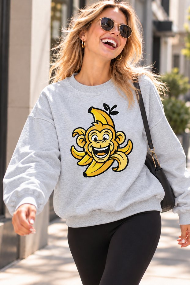 Banana and Laughing Monkey Printed Unisex Oversize Sweatshirt – Crew Neck Casual Sweatshirt