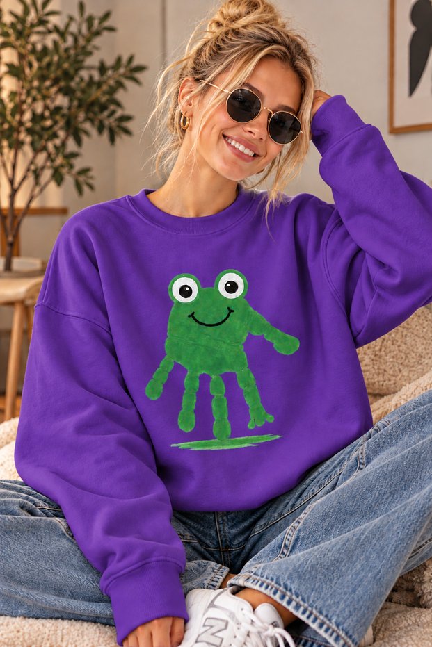 Handprint Cute Frog Printed Unisex Oversize Sweatshirt – Crew Neck Casual Sweatshirt