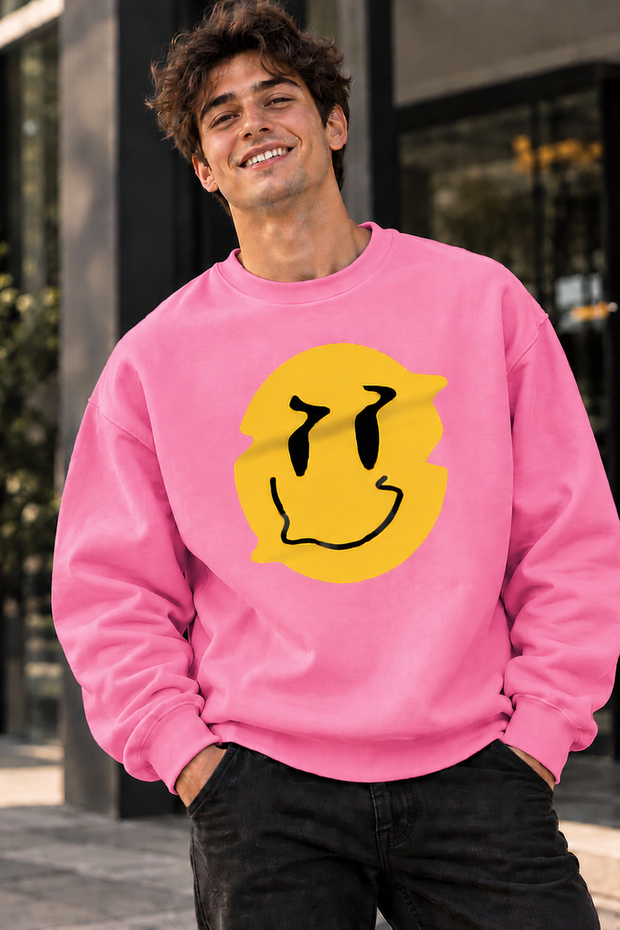 Yellow Smiley Face Smile Printed Unisex Oversize Sweatshirt – Crew Neck Casual Sweatshirt
