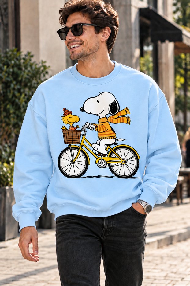 Snoopy and Woodstock on Bicycle Printed Unisex Oversize Sweatshirt – Crew Neck Casual Sweatshirt