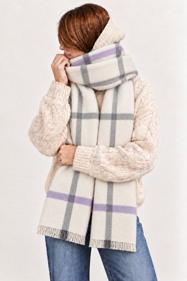 Women's Ecru Lilac Gray Plaid Oversized Shawl 180X65 cm Soft Textured Tasseled Winter Shawl Scarf – Shoulder Shawl