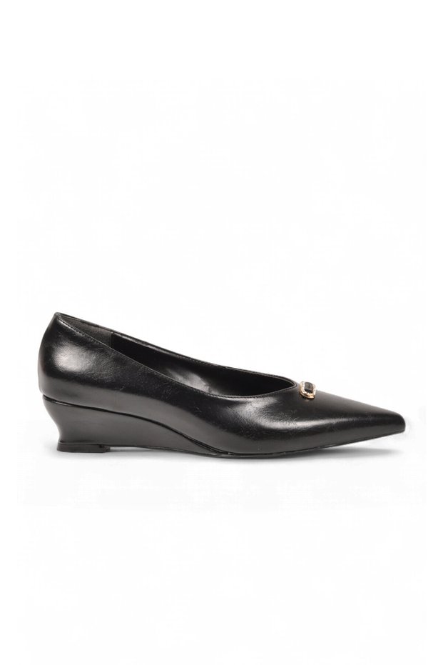 Women's Stone Detailed Evening Dress Shoes Black Leather Wedge Heels Special Occasion Night Stylish Shoes 608442