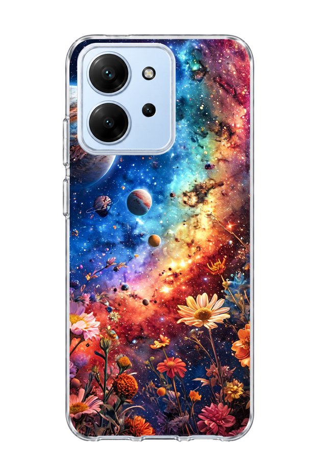 Redmi 15C Compatible Galaxy and Flowers Printed Transparent Phone Case
