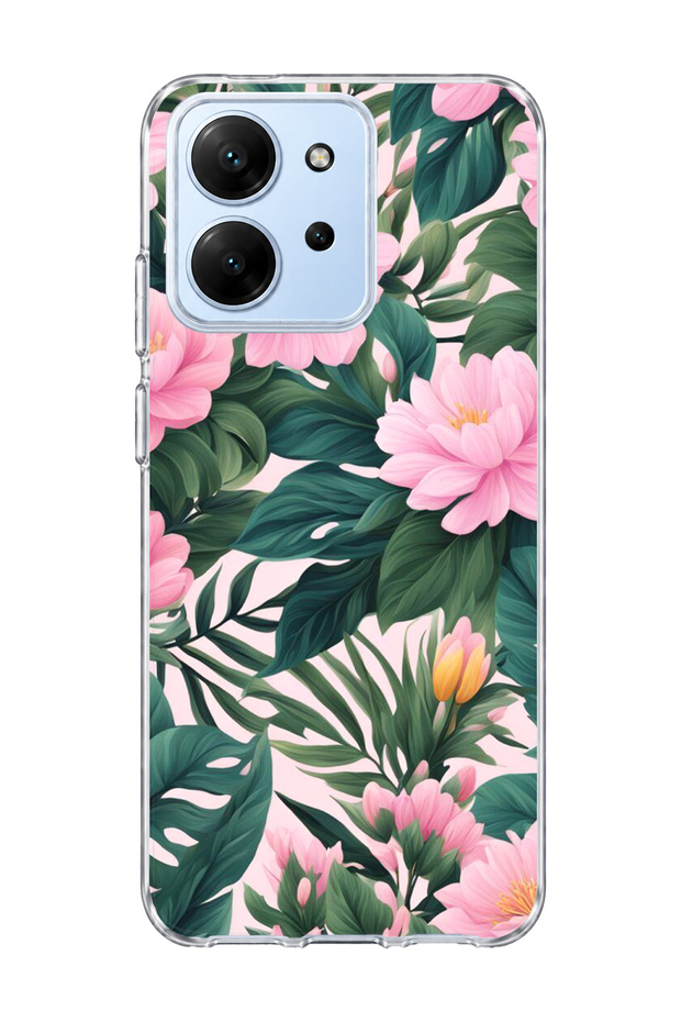 Redmi 15C Compatible Pink Flower Green Leaf Printed Transparent Phone Case