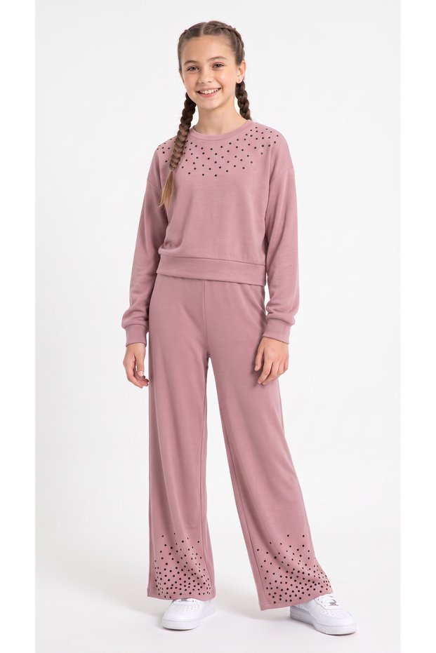 Top and Bottom Pants Stone Printed Girls' Top and Bottom Tracksuit Set