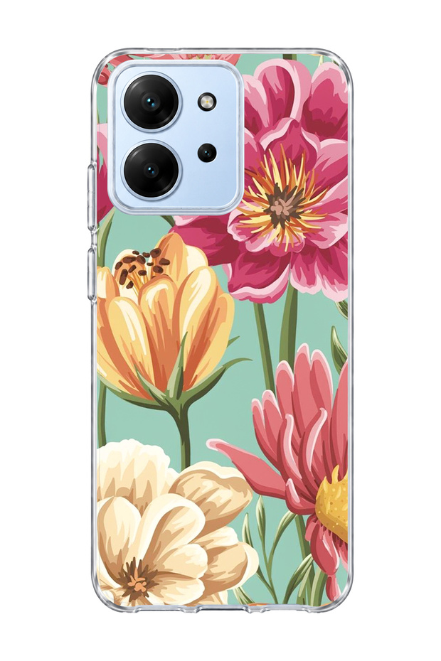 Redmi 15C Compatible Large Flower Mint Green Printed Transparent Phone Case