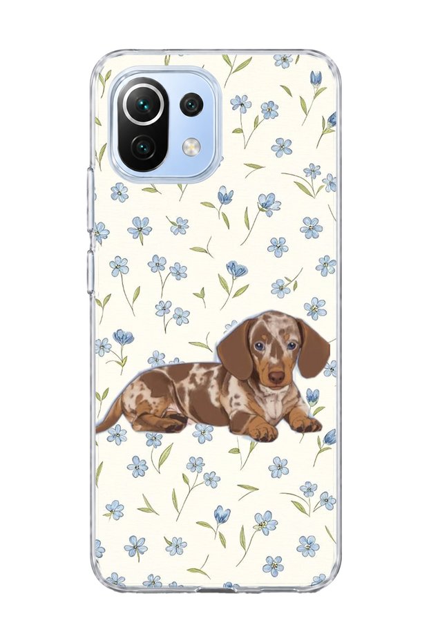 Mi 11 Lite Compatible Sausage Dog Blue Flower Printed Transparent Phone Case