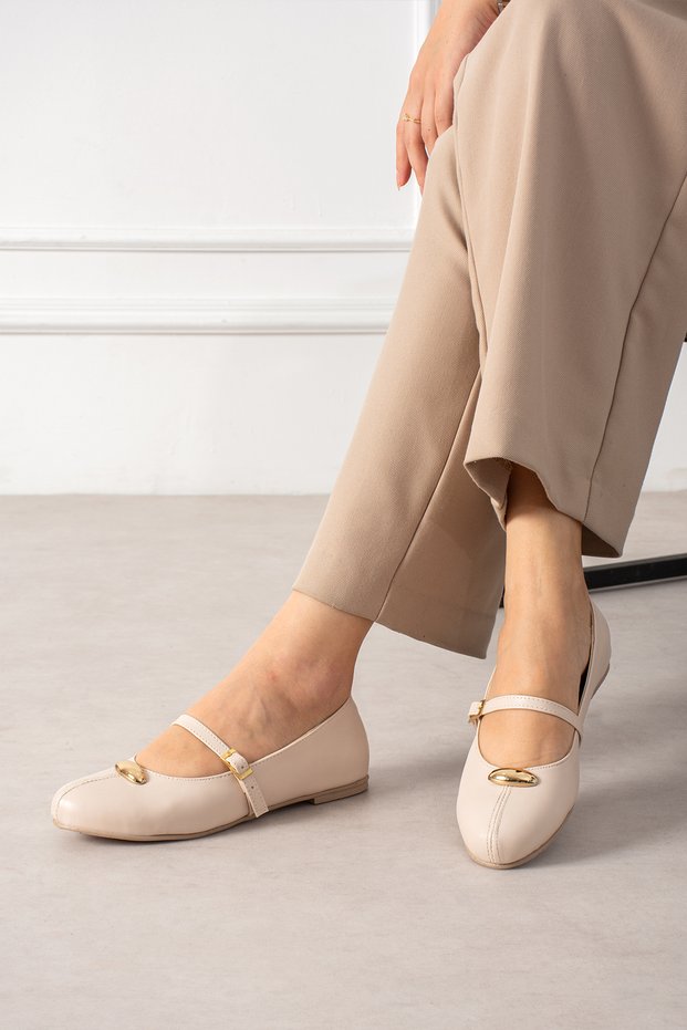 Ba04618 Women's Leather Gold Sequin Top Casual Ballerina Shoes with Helmet Style