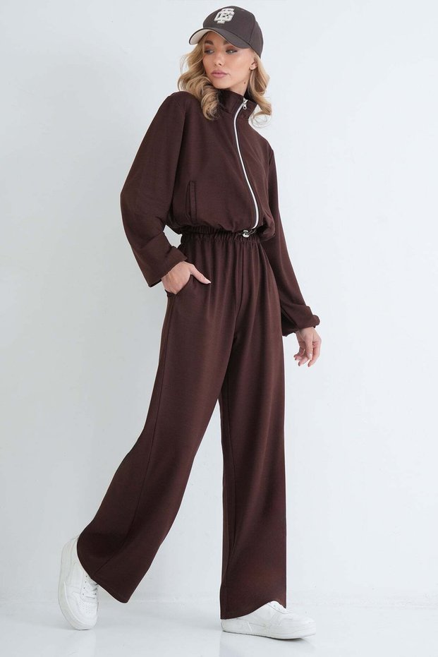 Women's Brown Stand Collar Zippered Jacket and Double Pocket Tie-Up Trousers Set Alc-X15934