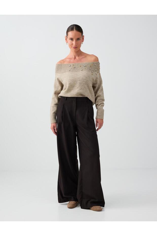 Khaki Pile Detailed Relaxed Fit Wide Leg Trousers