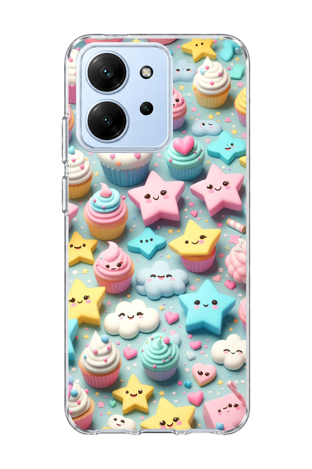 Redmi 15C Compatible Pastel Cake Star Printed Transparent Phone Case