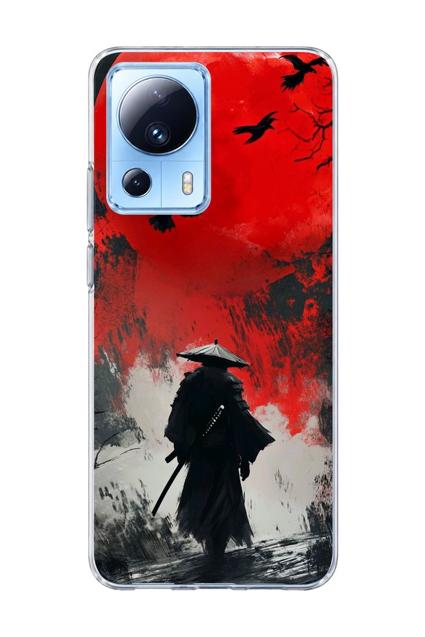Mi 13 Lite Compatible Samurai Red Sun Crow Printed Transparent Phone Case