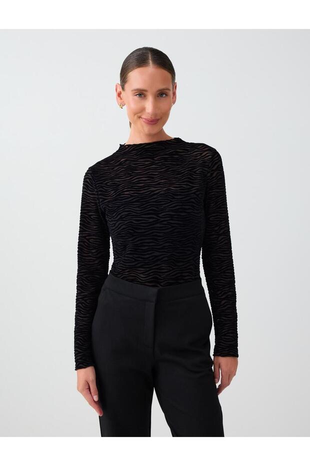 Black Zebra Patterned High Neck Long Sleeve Mesh Blouse