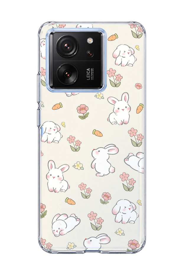 Mi 13t Compatible Cute Rabbit Flower Printed Transparent Phone Case