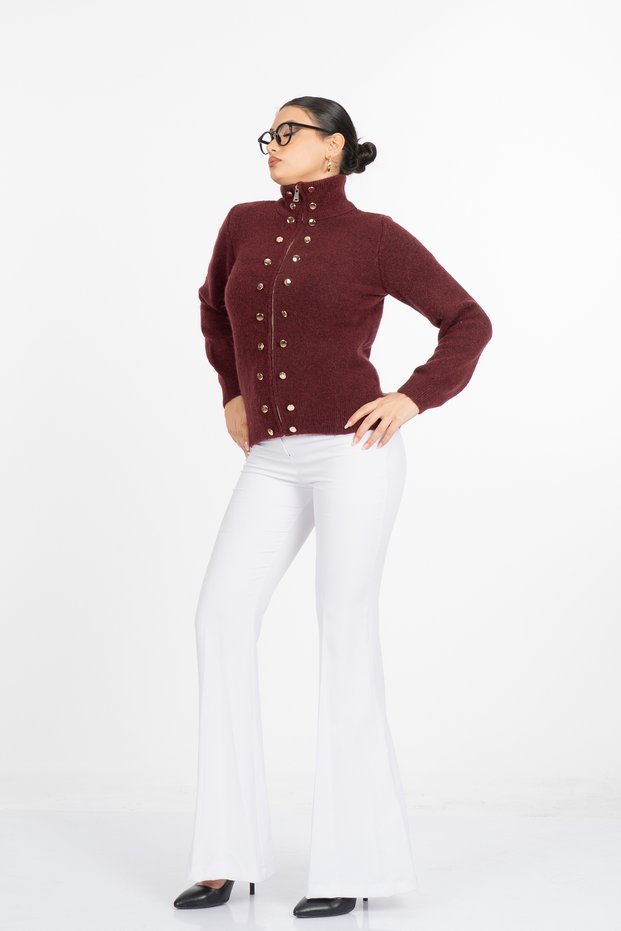 Women's Winter Burgundy Vittoria Gold Button Detailed Zippered Knitwear Cardigan 20326