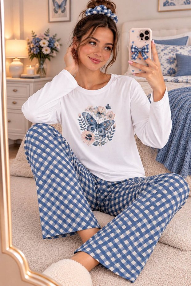 Blue Butterfly Women's Long Sleeve Blue Plaid Patterned Pajamas Set
