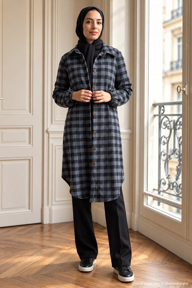 Long Plaid Lumberjack Shirt Tunic Navy Blue Hm2972