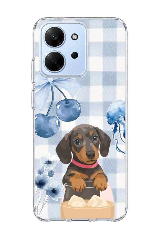 Redmi 15C Compatible Sausage Dog Blue Plaid Printed Transparent Phone Case
