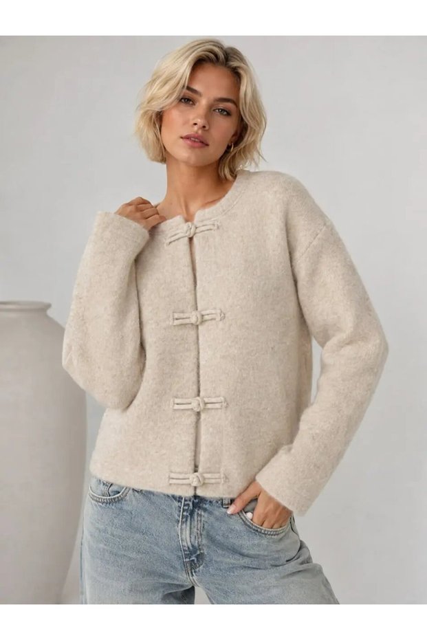 Women's Chinese Button Knit Cardigan Frog Button Detailed Crew Neck Soft Knitwear 8773