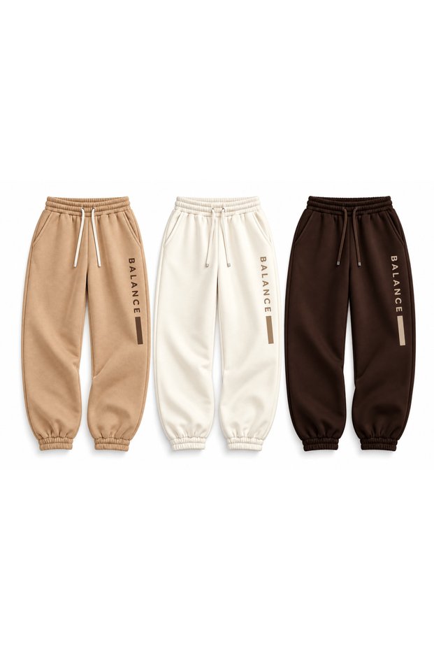Unisex 3-Pack 3-Thread Sweatpants with Balence Print (White, Beige, Brown) Printed Premium Oversize T-Shirt