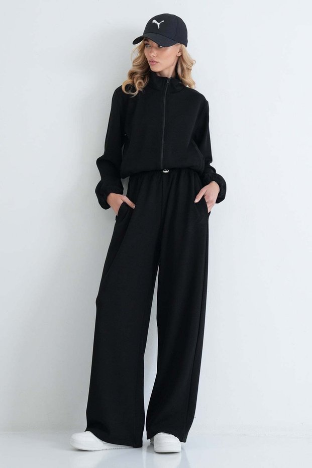 Women's Black Stand Collar Zippered Jacket and Double Pocket Tie-Up Trousers Set Alc-X15934