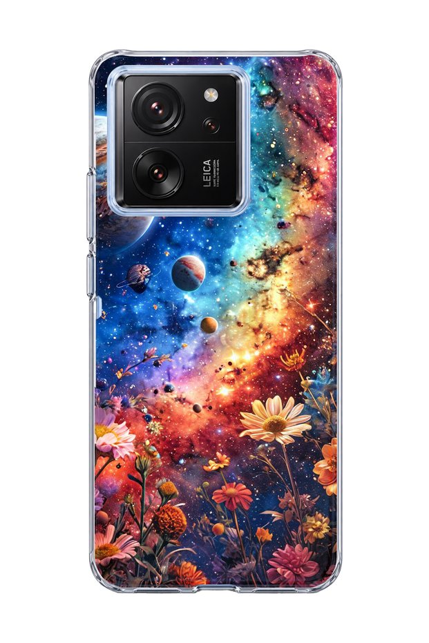 Mi 13t Compatible Galaxy and Flowers Printed Transparent Phone Case
