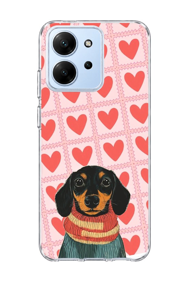 Redmi 15C Compatible Sausage Dog Red Heart Printed Transparent Phone Case
