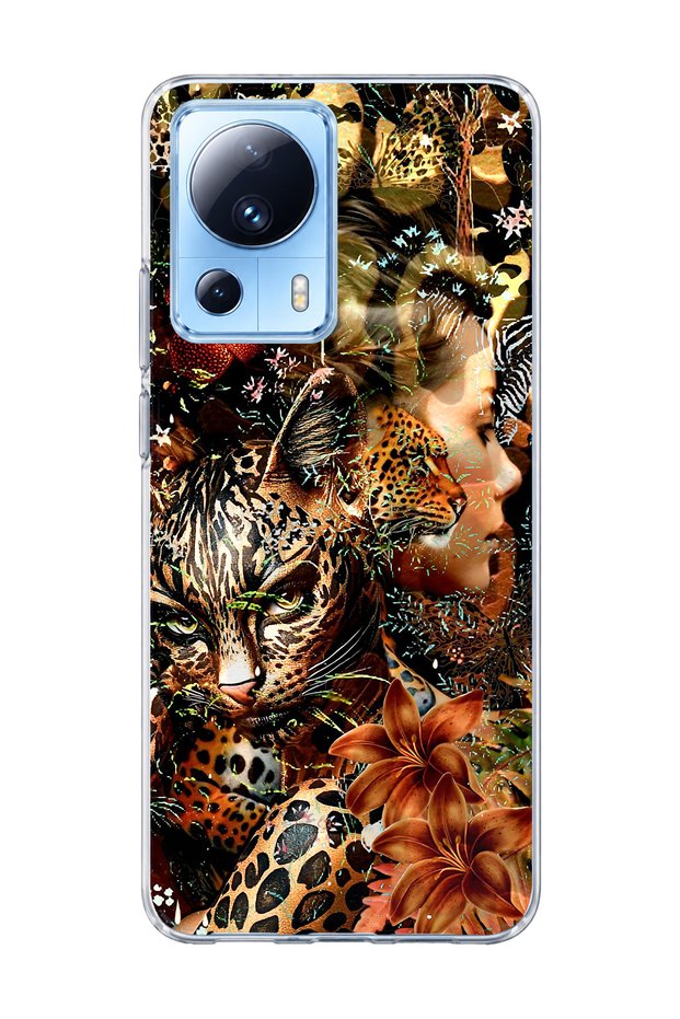 Mi 13 Lite Compatible Leopard Gold Collage Printed Transparent Phone Case