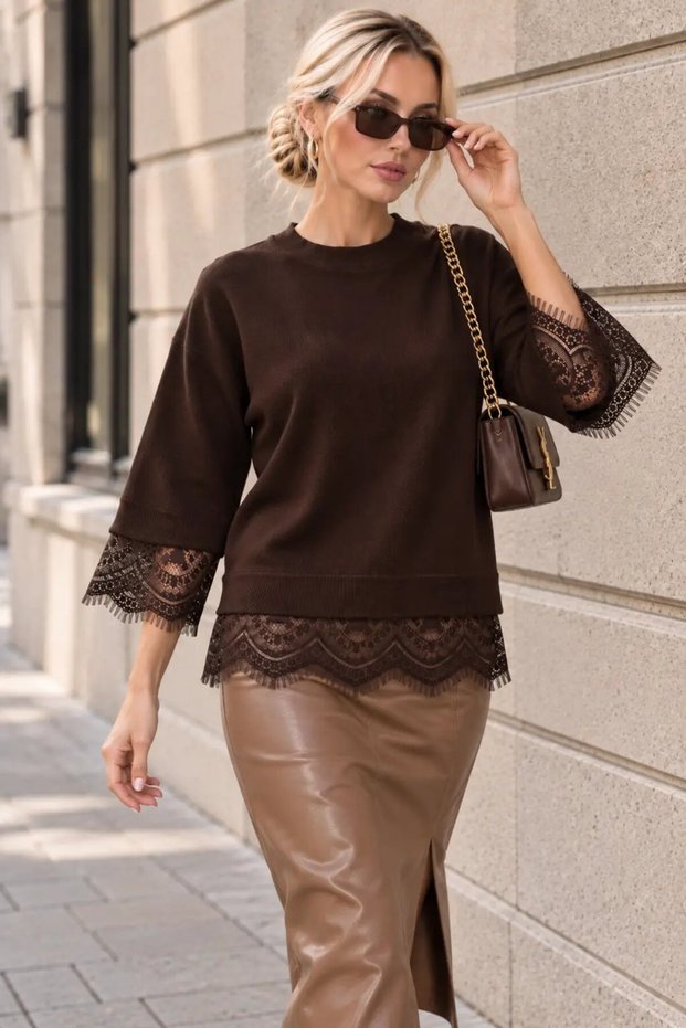 Women's Crew Neck Lace Detailed Knitwear Sweater 12566