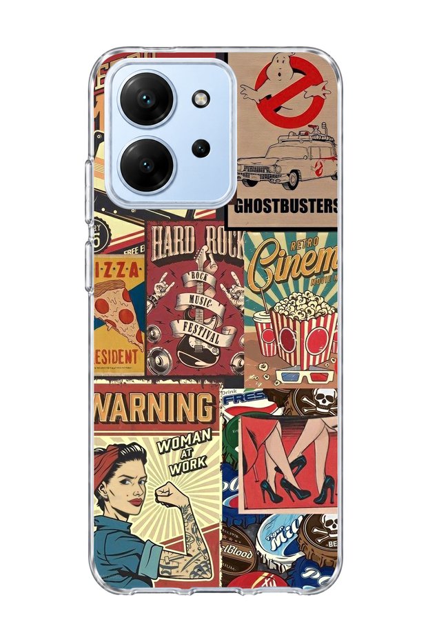 Redmi 15C Compatible Old Poster Collage Printed Transparent Phone Case