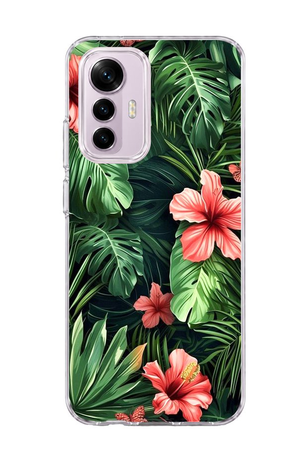 Mi 12 Lite Compatible Red Flower Tropical Leaf Printed Transparent Phone Case