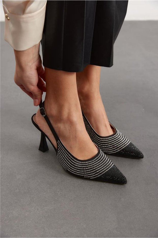Stoned Pointed Toe Women's Heeled Shoes - 042 - 367 - Black