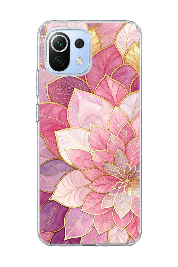Mi 11 Lite Compatible Pink Gold Water Lily Printed Transparent Phone Case