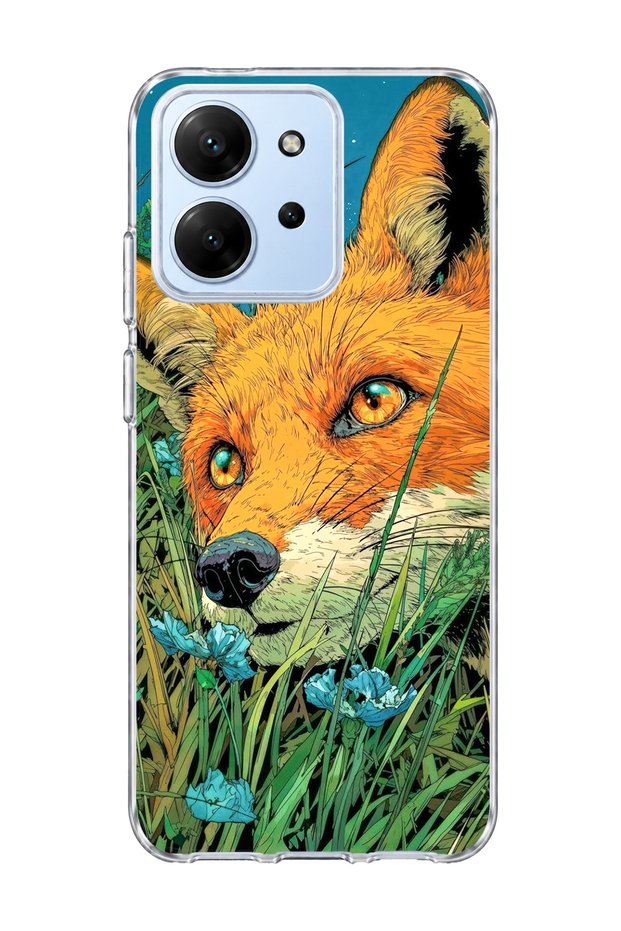 Redmi 15C Compatible Fox Green Grass Printed Transparent Phone Case
