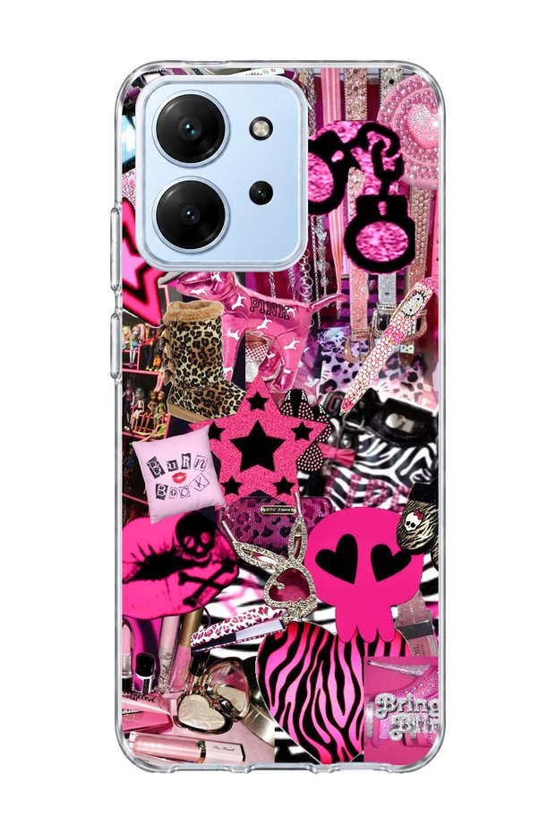 Redmi 15C Compatible Pink Star Zebra Printed Transparent Phone Case