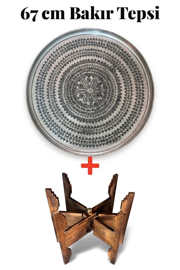 67 cm Hand-Embroidered Authentic Patterned Pewter Urfa Copper Tray + Foldable Floor Stand