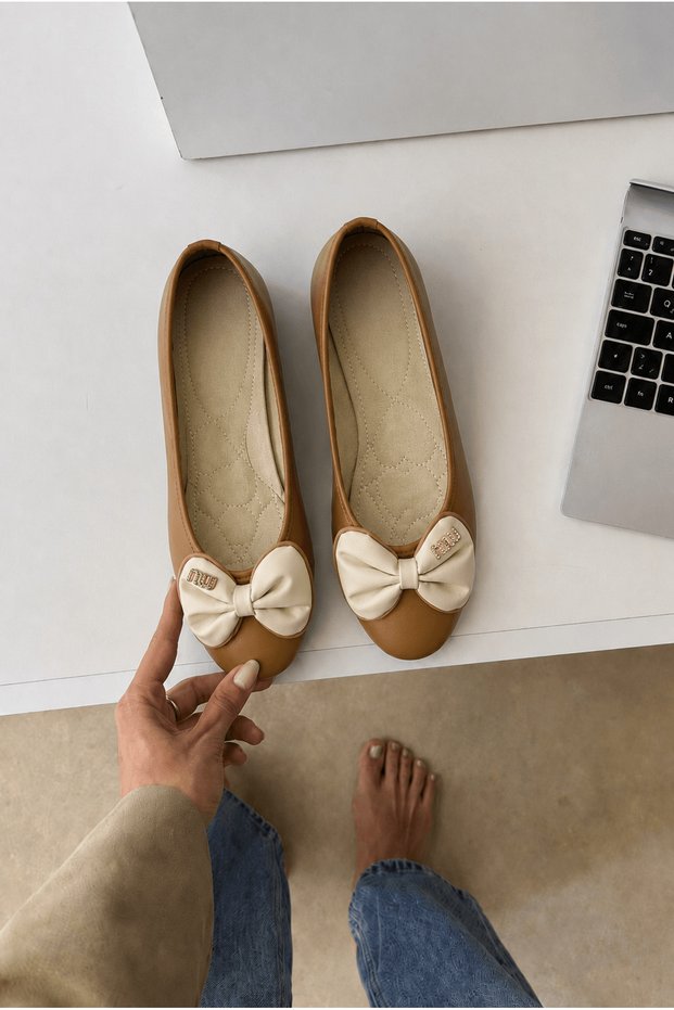 Bow-Tie Leather Ballerinas - 032 - 5716 - Tan