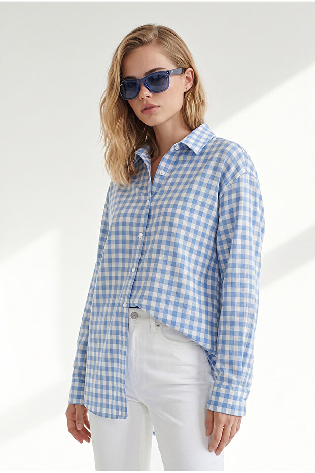 Women's Baby Blue Mini Plaid Loose Fit Shirt Gml-19001463