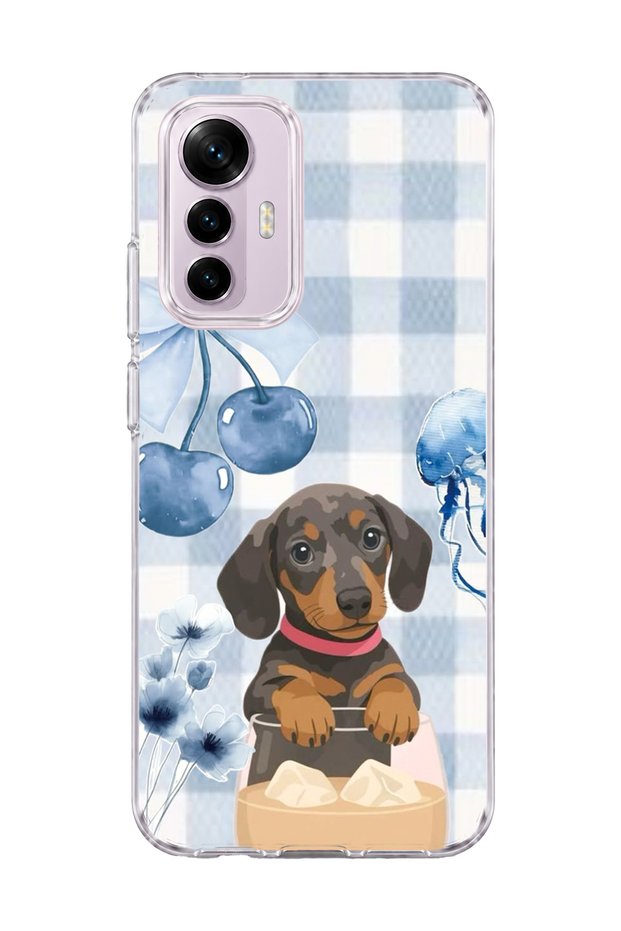 Mi 12 Lite Compatible Sausage Dog Blue Plaid Printed Transparent Phone Case