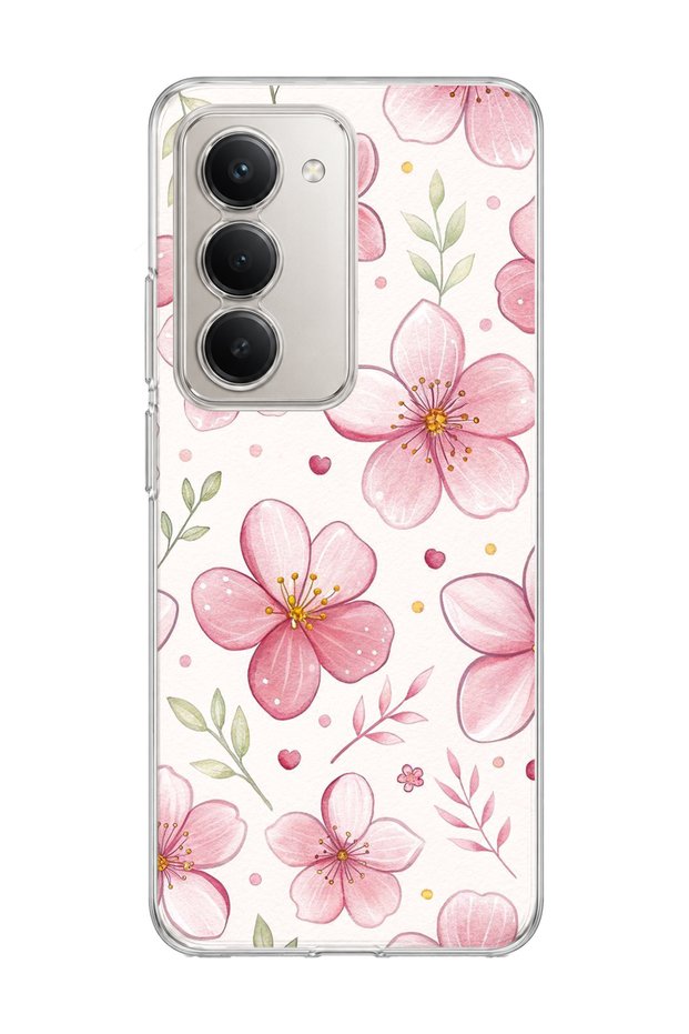 Redmi 15 Compatible Pink Cherry Blossom Printed Transparent Phone Case